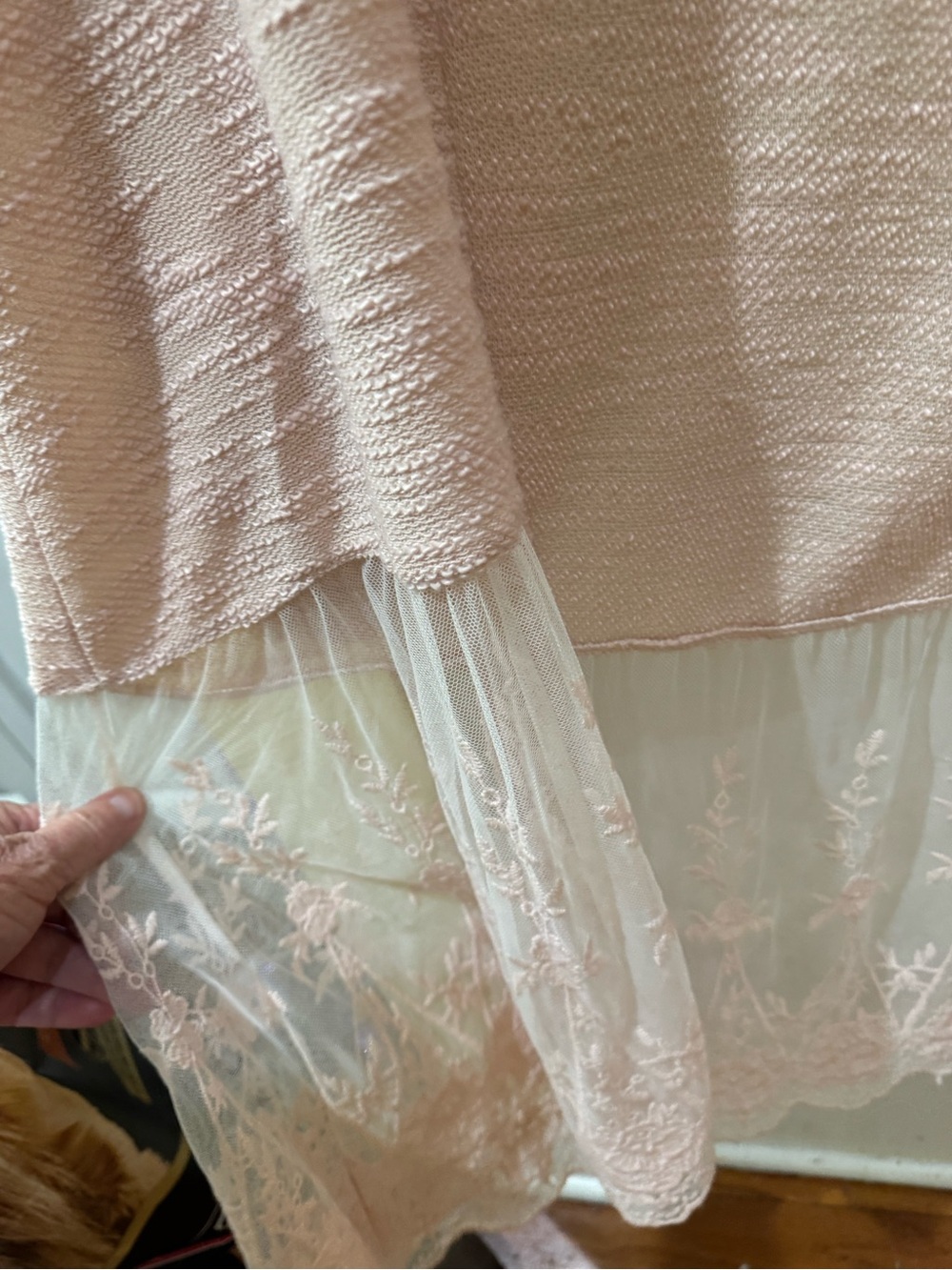 Light Blush Open-Front Knit Cardigan with Lace Trim - Picture 4 of 6